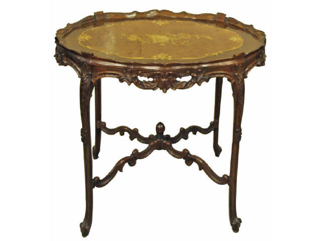 Appraisal: Heavy carved occasional table with satinwood marquetry inlaid top with