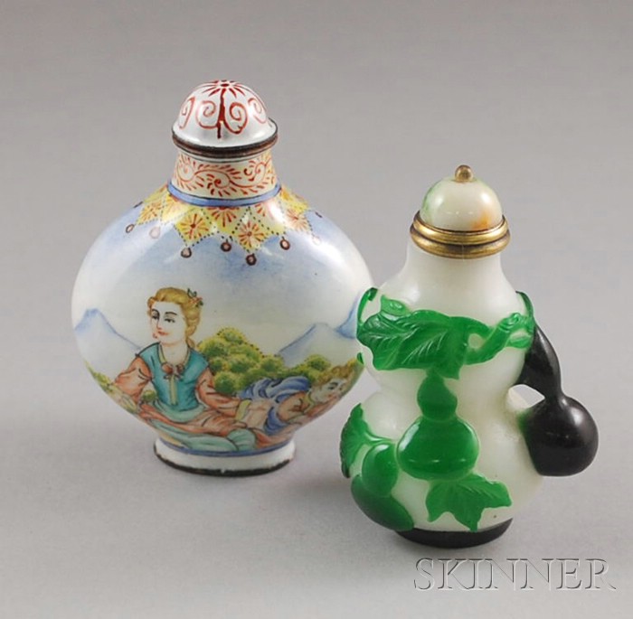 Appraisal: Two Asian Snuff Bottles one green and black glass over