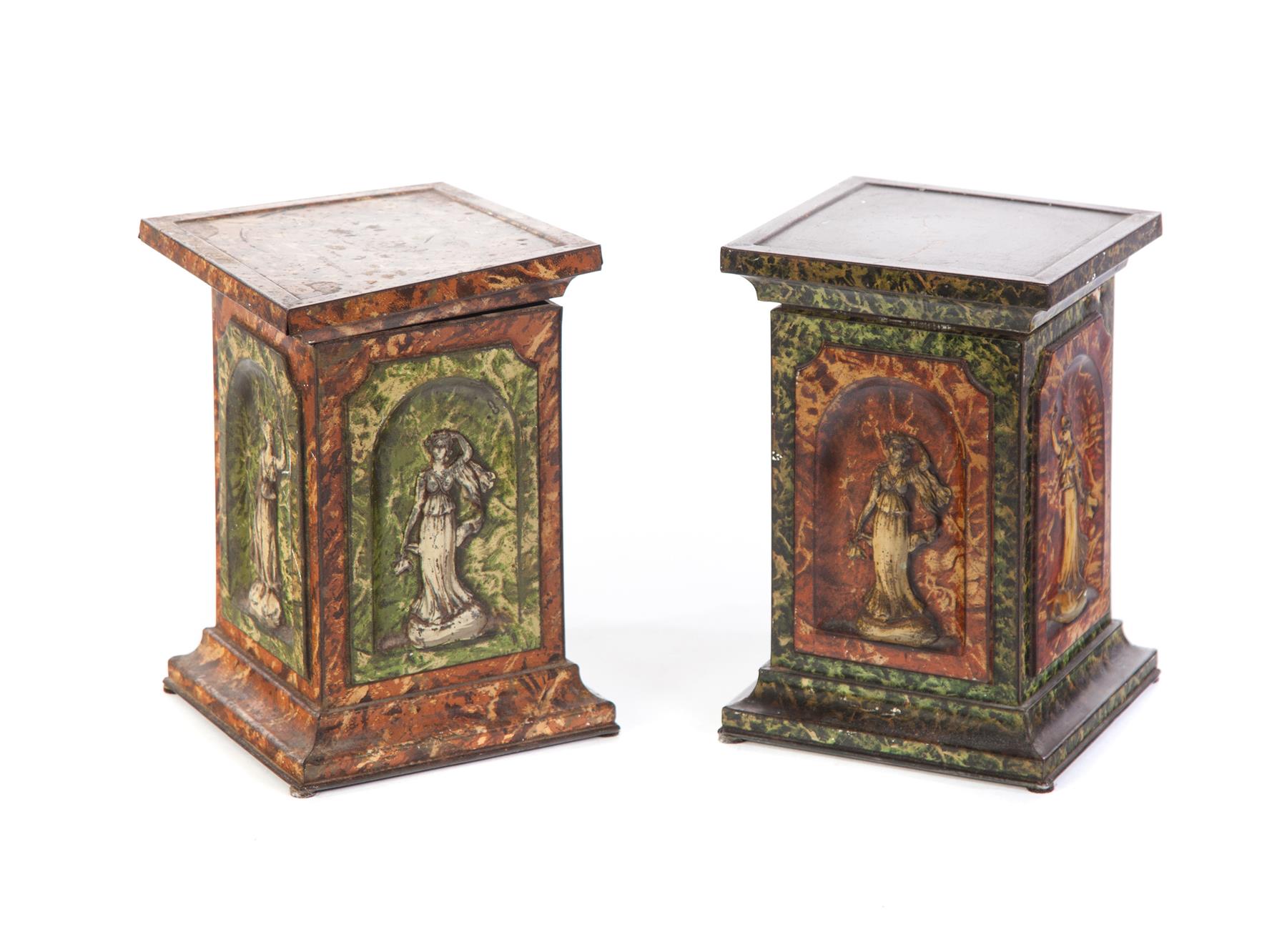 Appraisal: PAIR OF ENGLISH BISCUIT TINS Early th century Classical-style plinths