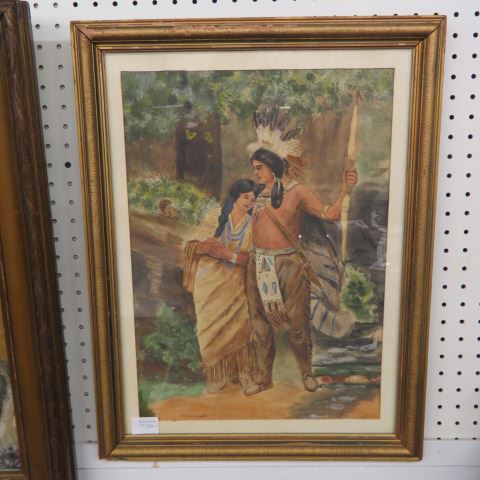 Appraisal: Watercolor of an Indian Chief with Squawl signed E J