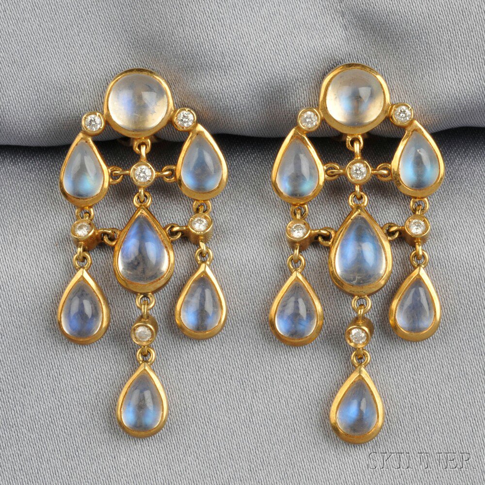 Appraisal: kt Gold Moonstone and Diamond Earpendants Temple St Clair set