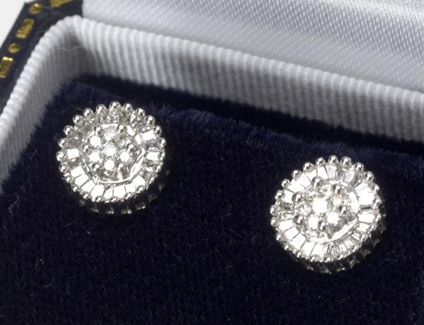 Appraisal: DIAMOND CLUSTER EARRINGS Brilliant-cut and baguette-cut diamonds in k wg