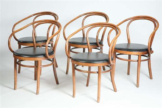 Appraisal: TEN THONET ARMCHAIRS Bentwood chairs with black leather seats and