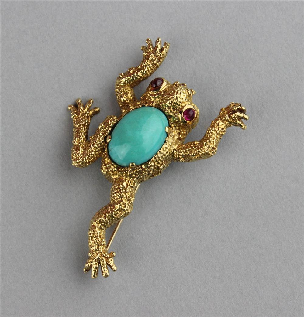 Appraisal: K YELLOW GOLD FROG BROOCH WITH TURQUOISE BELLY AND RUBY