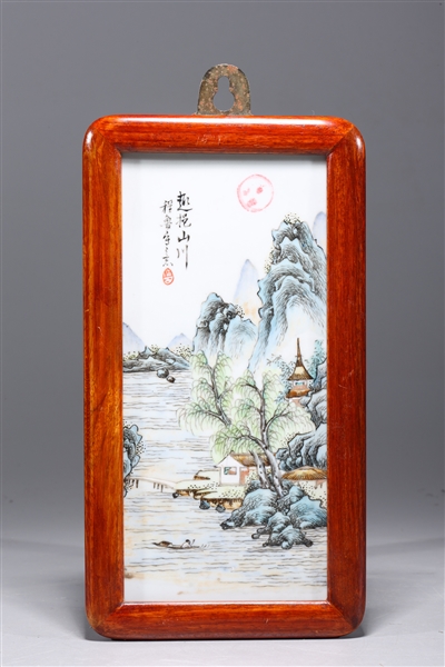 Appraisal: Chinese famille verte enameled porcelain plaque depicting landscape with calligraphy