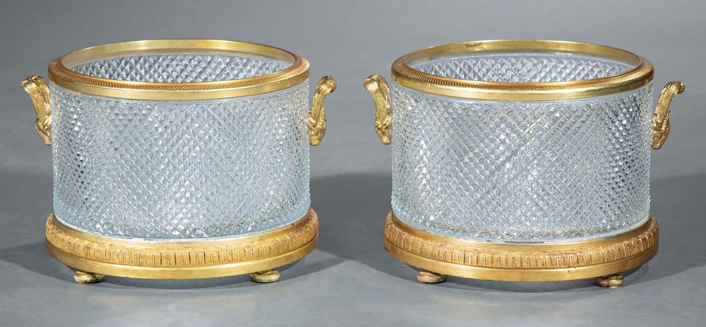 Appraisal: Pair of Bronze-Mounted Baccarat-Style Diamond Point Cut Crystal Jardinieres ram's