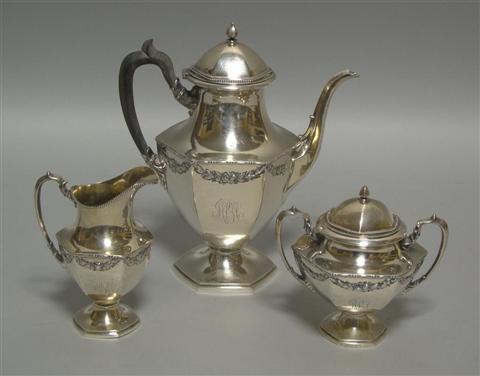 Appraisal: AMERICAN SILVER THREE-PIECE COFFEE SET Each piece of hexagonal vasiform