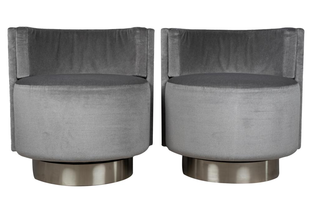 Appraisal: PAIR OF A RUDIN GREY VELVET CHROME SWIVEL CLUB CHAIRSwith