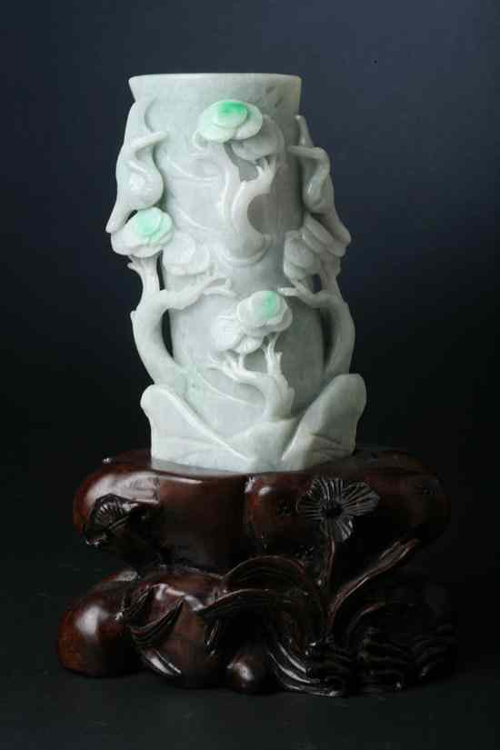 Appraisal: CHINESE CELADON AND APPLE GREEN JADEITE BRUSH HOLDER Carved to