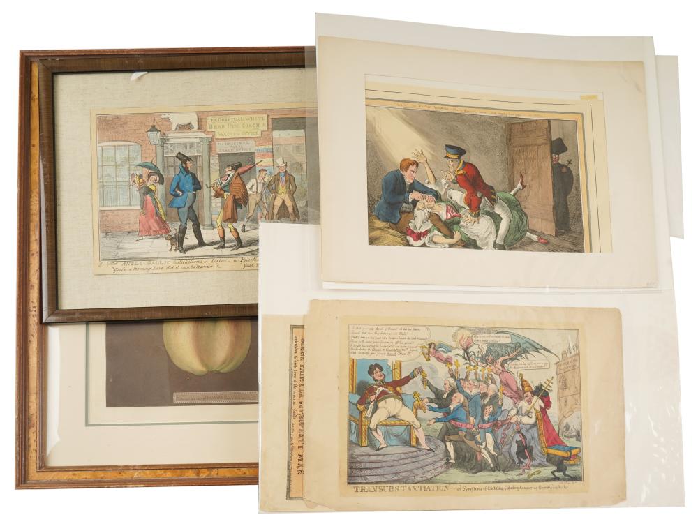 Appraisal: COLLECTION OF ENGLISH-COLORED ENGRAVINGScomprising seven each politcal subjects six unframed