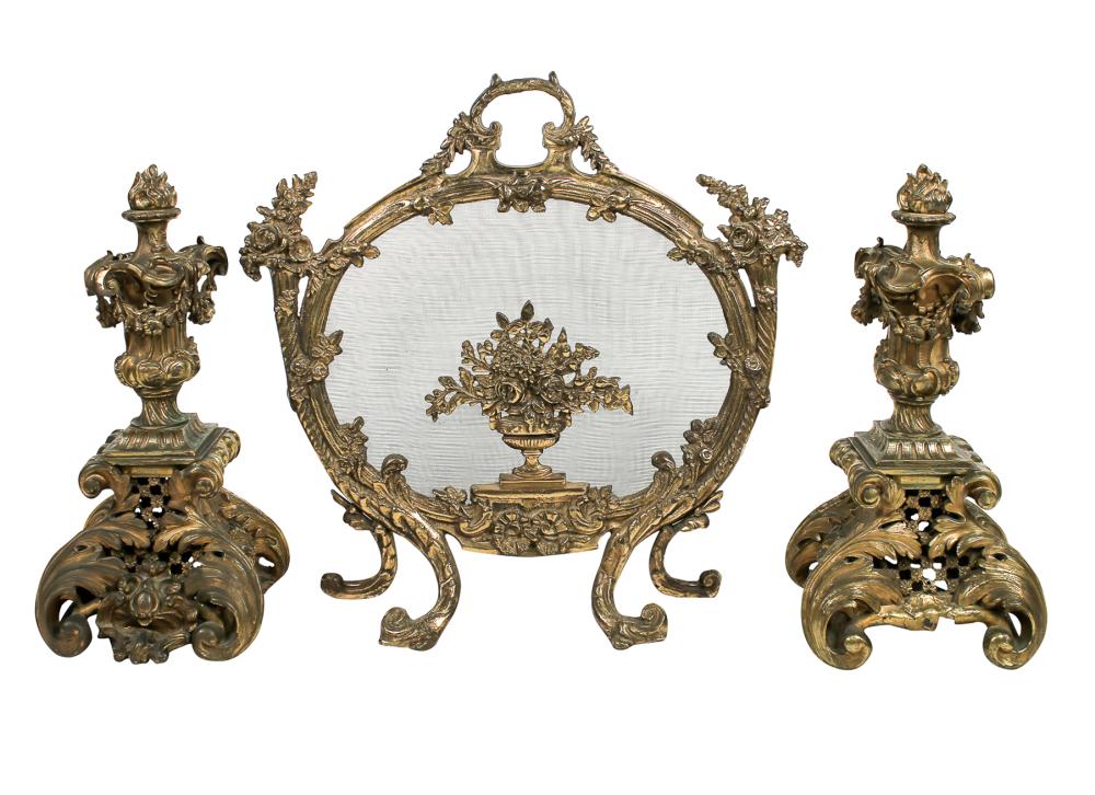 Appraisal: LOUIS XV-STYLE GILT BRASS FIRESCREEN CHENETSan assembled set Provenance The