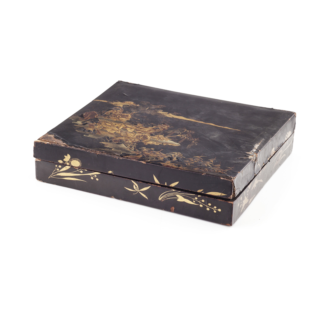 Appraisal: YRECTANGULAR LACQUER BOX AND COVER painted in gilt on black