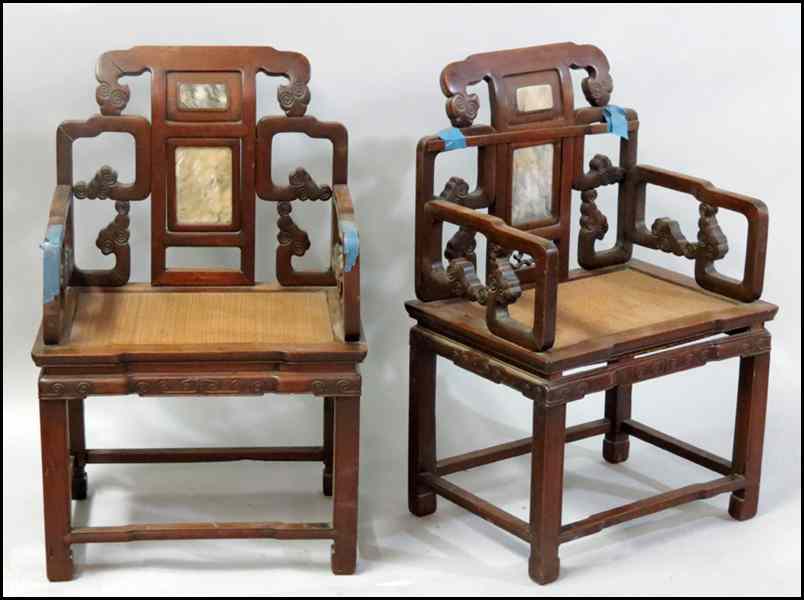 Appraisal: PAIR OF CHINESE ELMWOOD CHAIRS With inset stone plaques H