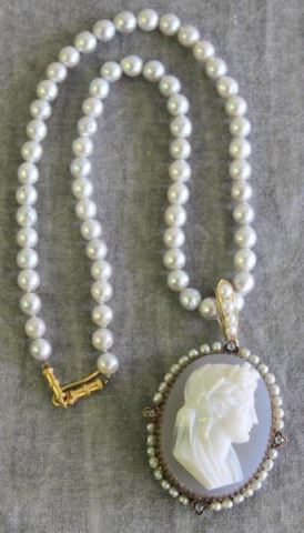 Appraisal: JEWELRY Beautiful Hardstone Carved Cameo on aPearl Necklace Includes a