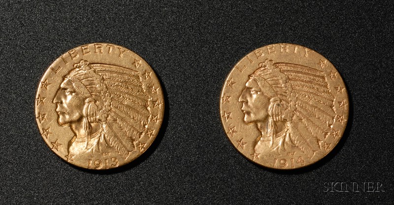 Appraisal: Two United States Indian Head Half Eagle Five Dollar Gold