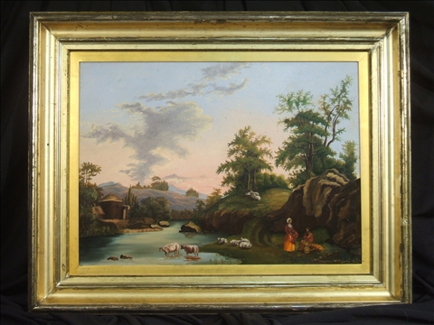 Appraisal: AMERICAN SCHOOL MID TH CENTURY LANDSCAPE WITH FIGURE AND CATTLE