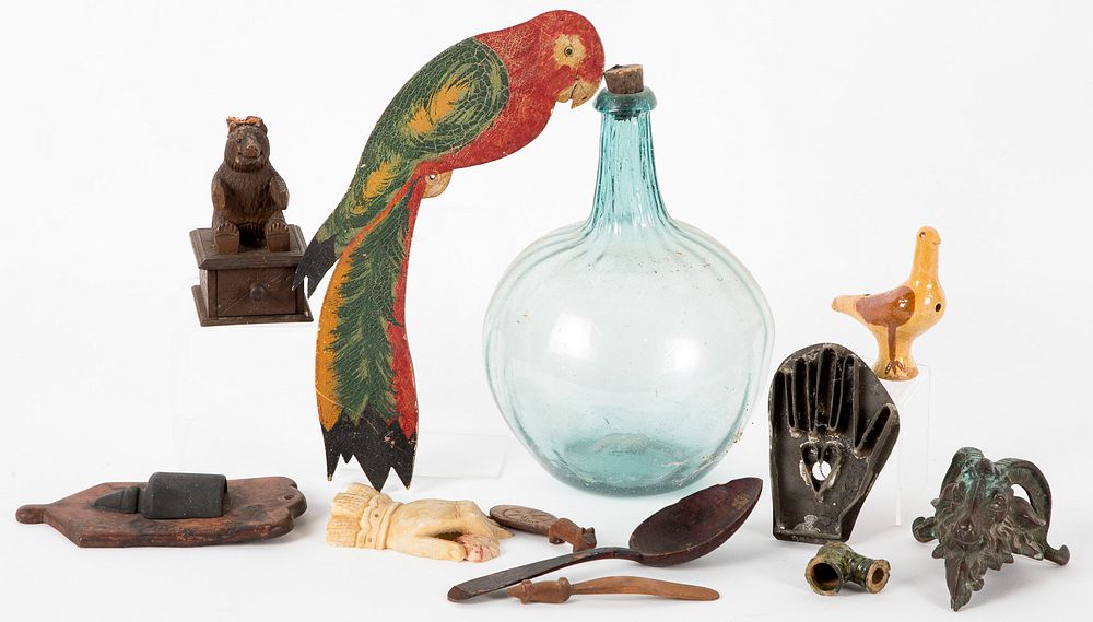 Appraisal: Decorative objects Decorative objects to include a glass bottle a