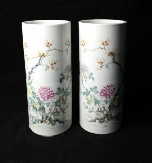 Appraisal: Pair of Famille Rose Cylindrical Vases Pair of famille rose