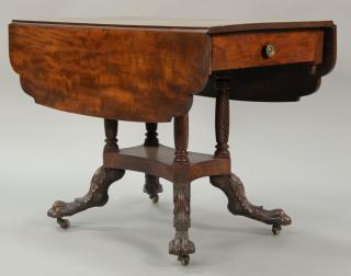 Appraisal: Federal mahogany drop leaf table with two drawers on spiral