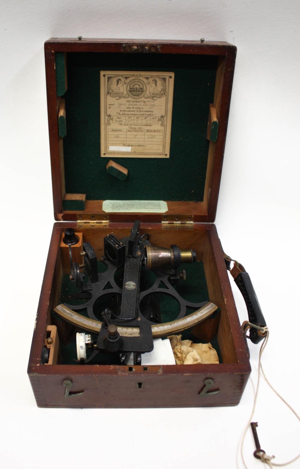 Appraisal: HUSUN MARINE SEXTANT IN WOOD CASE Henry Hughes Son Ltd