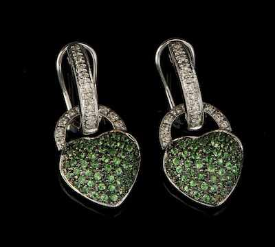 Appraisal: A Pair of Green Garnet and Diamond Earrings k white