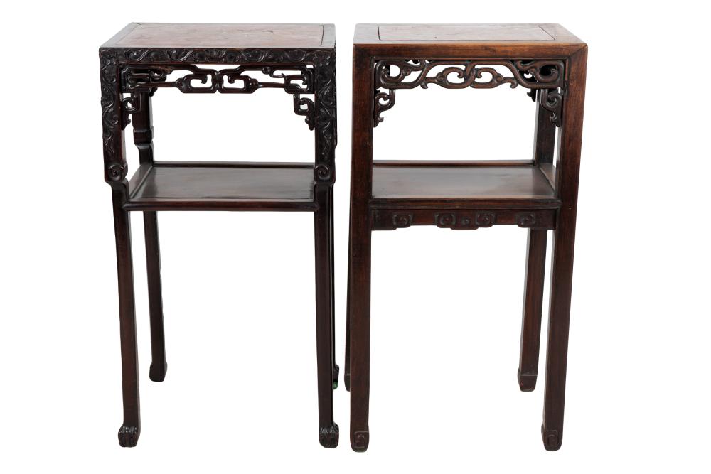 Appraisal: TWO CHINESE CARVED WOOD STANDSeach with marble inset top of