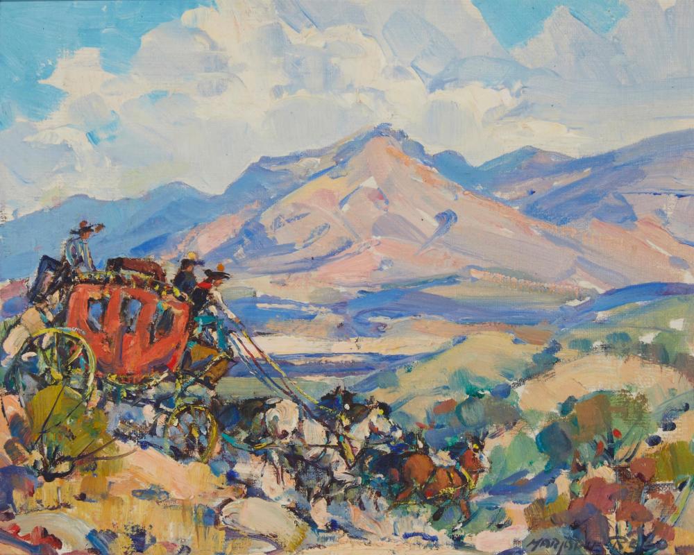 Appraisal: Marjorie Reed - Vallecito CA Stagecoach in rocky terrain Oil