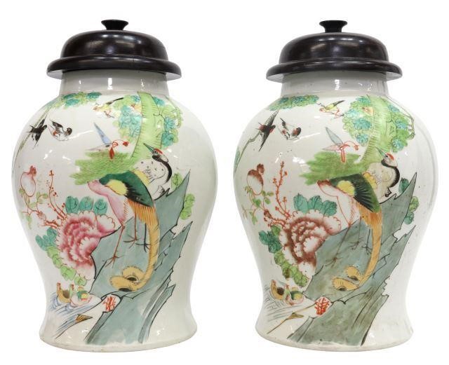 Appraisal: pair Chinese porcelain temple jars domed wood lid with knop