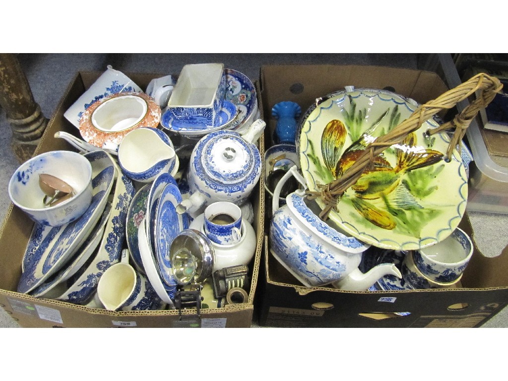 Appraisal: Two boxes containing slipware dish with woven handle various blue