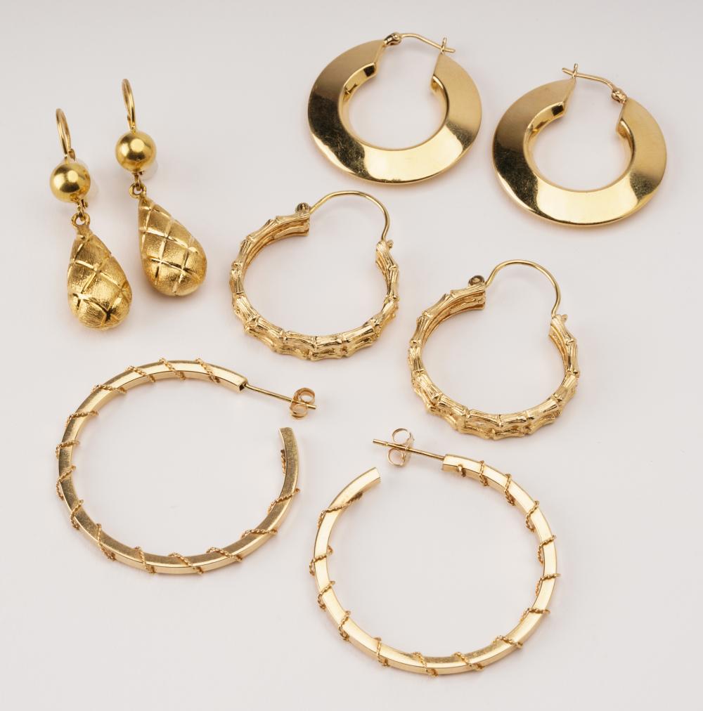 Appraisal: FOUR PAIRS OF YELLOW GOLD EARRINGScomprising one pair of karat