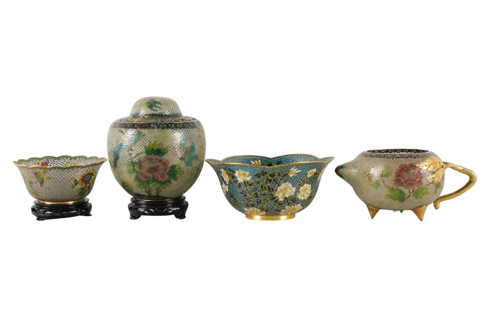 Appraisal: FOUR ASSORTED CHINESE PLIQUE A JOUR PIECEScomprising a covered jar