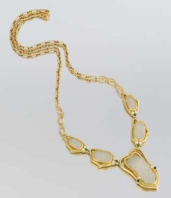 Appraisal: A Mutton Fat Jade Diamond and Emerald k Gold Necklace