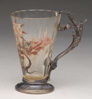 Appraisal: GALLE ENAMELED CORDIAL Amber glass with slightly vertical ribbing and