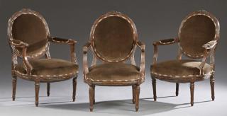 Appraisal: Set of Three Louis XVI Style Carved Walnut Fauteui Set