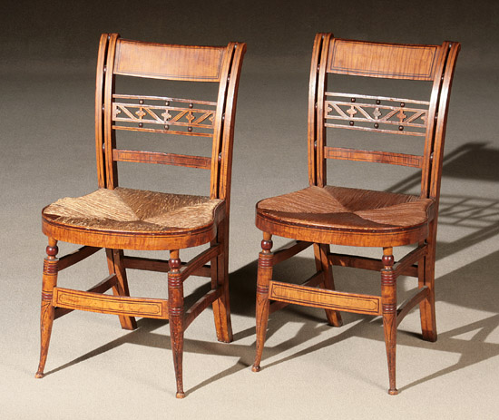 Appraisal: Pair of Federal Parcel-Painted Curly Maple Rush-Seat Side Chairs New