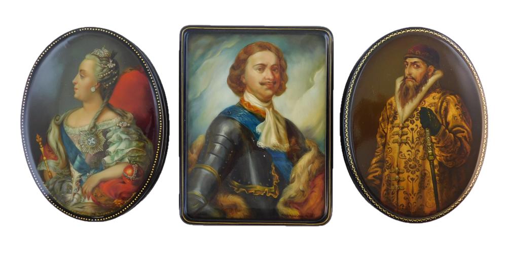 Appraisal: Russian hand-painted lacquer boxes three pieces all of royal portraits