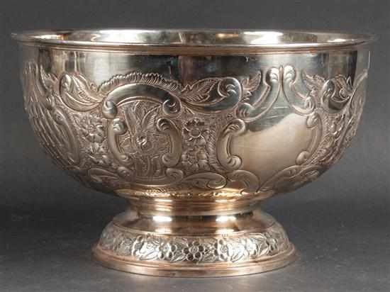 Appraisal: English silver-plated punch bowl mid- th century with hand-chased repousse