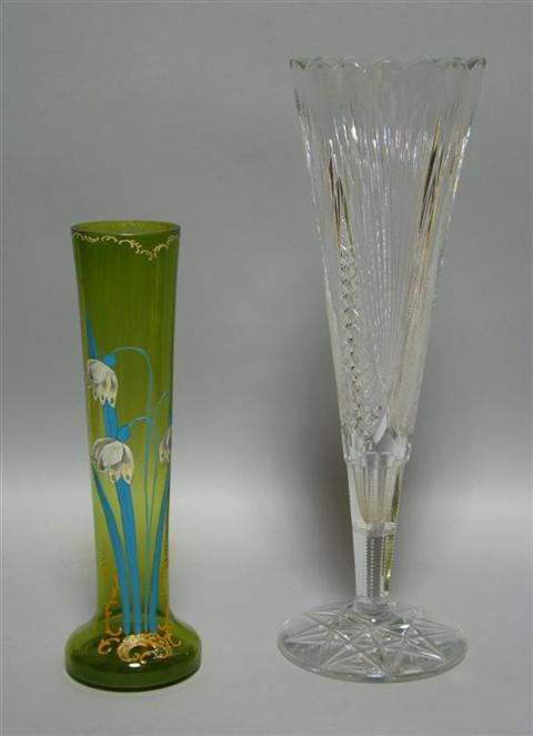 Appraisal: TWO TALL GLASS VASES The first of cut crystal with