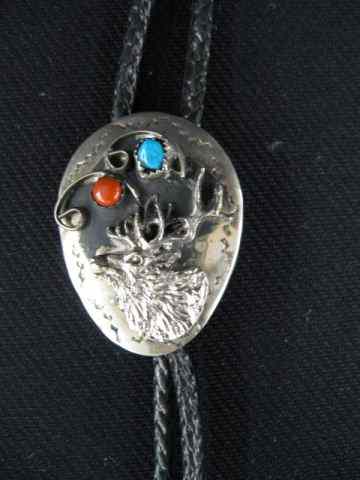 Appraisal: Indian Bolo Tie elk decor coral turquoise trim '' x