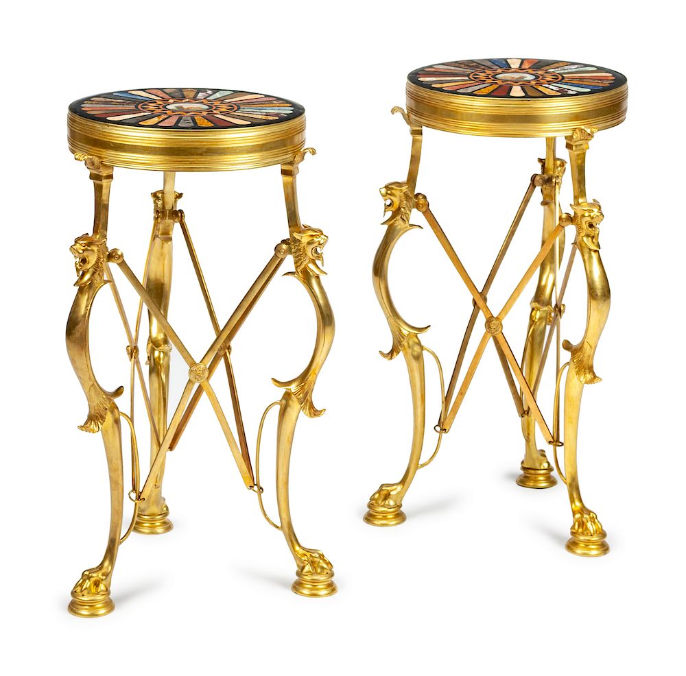 Appraisal: A Pair of Neoclassical Gilt Bronze Tables with Micro-Mosaic and