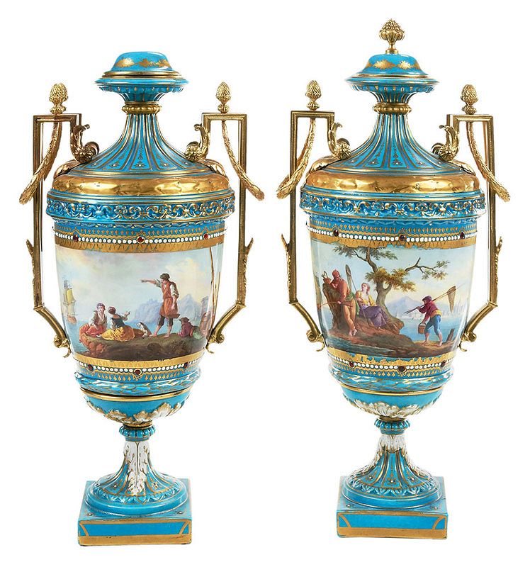 Appraisal: Fine Pair Jeweled Sevres Lidded Porcelain Urns French th century