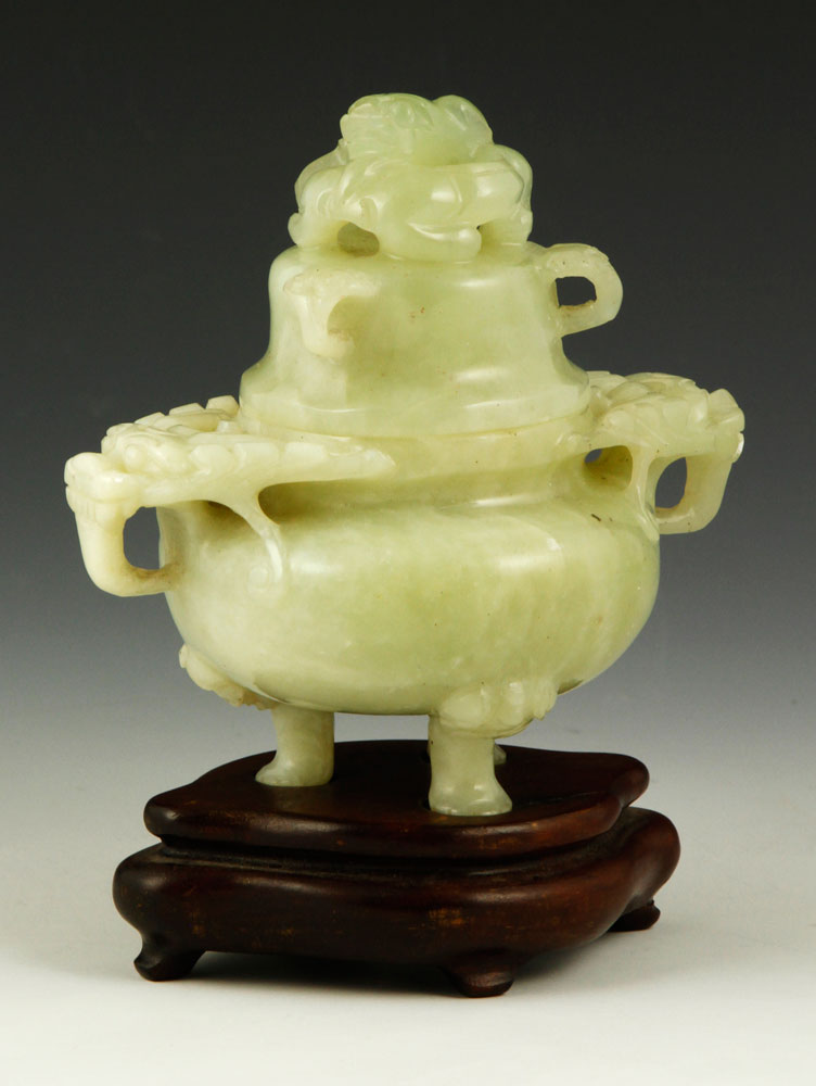 Appraisal: - Chinese Jade Censor Chinese censor carved jade on wooden