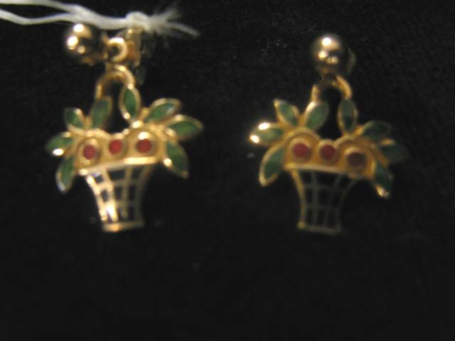 Appraisal: k Gold Enamel Earrings basket of flowers pierced