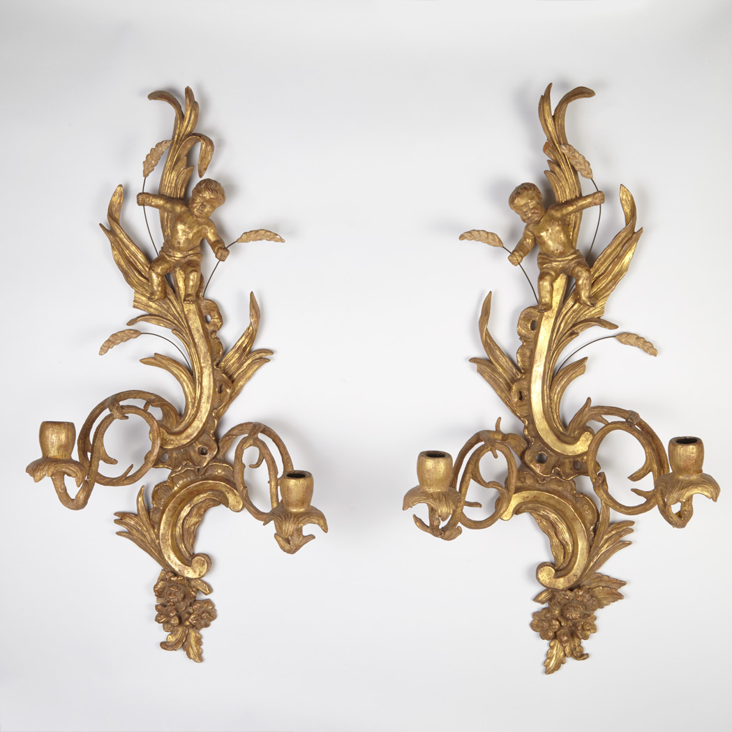 Appraisal: Pair of Rococo Style Giltwood Two-Light Wall Lights Each backplate