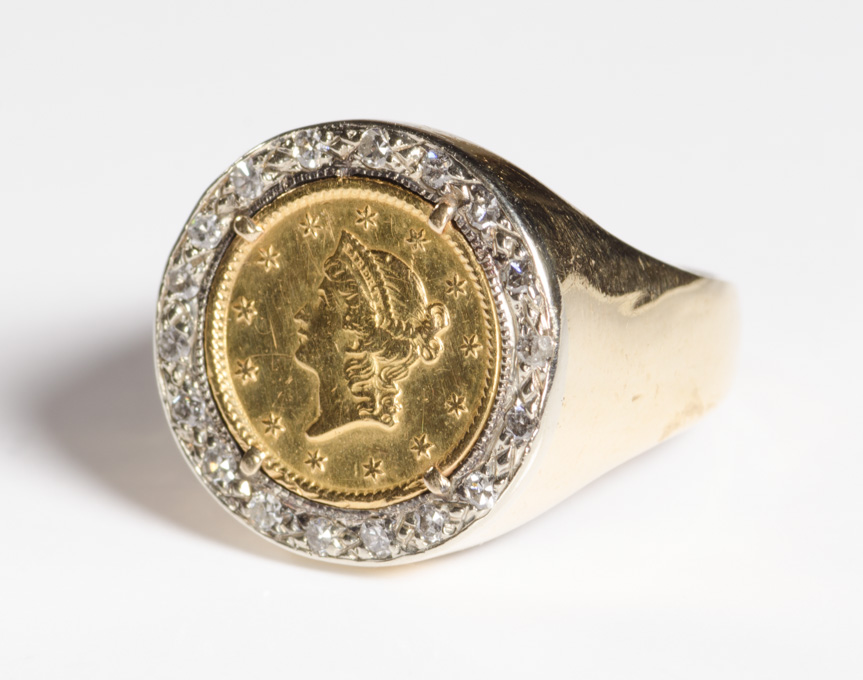 Appraisal: GOLD COIN DIAMOND AND FOURTEEN KARAT GOLD RING featuring an