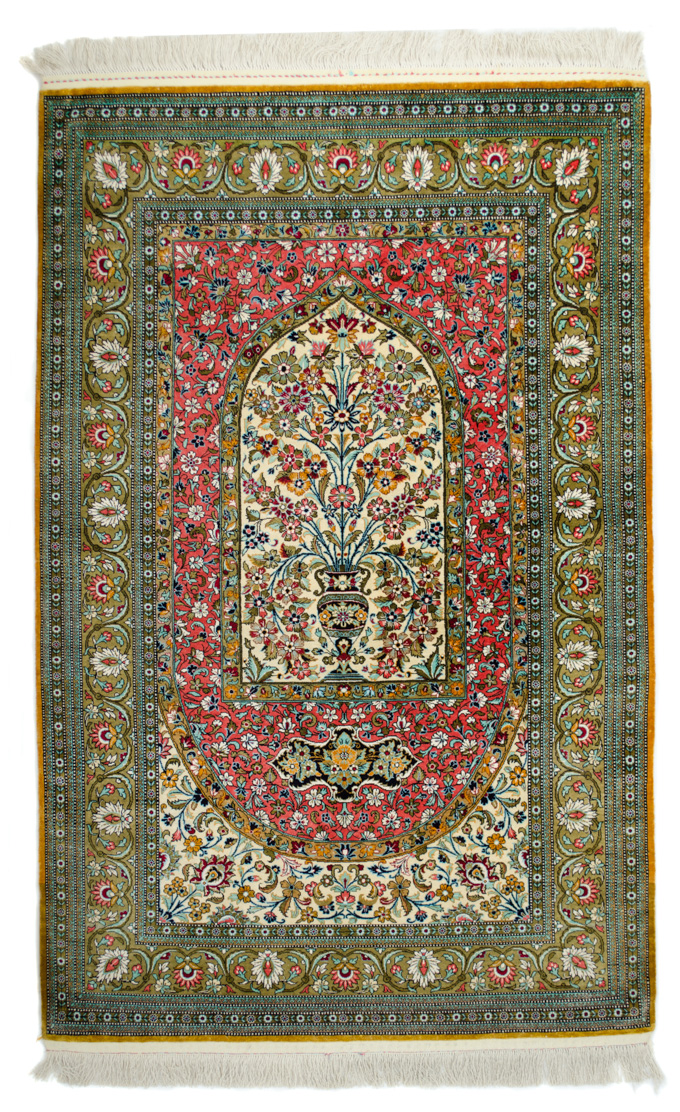 Appraisal: FINE SILK PRAYER RUG hand knotted all silk on silk