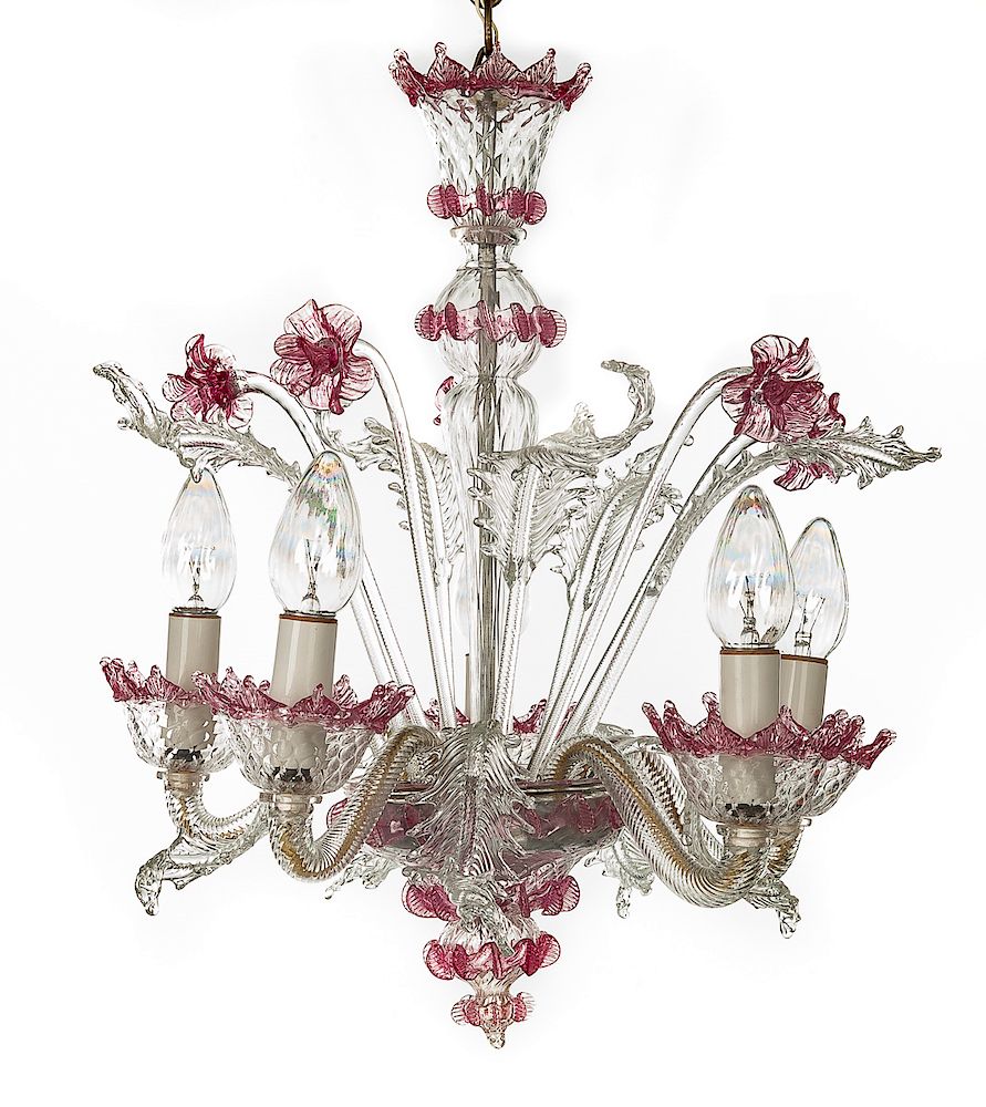 Appraisal: Pink and Clear Venetian Blown Glass Chandelier DESCRIPTION Venetian blown