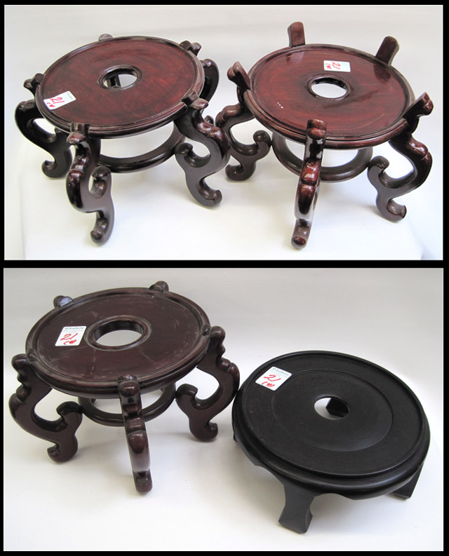 Appraisal: FOUR CHINESE WOODEN JARDINIERE FISH BOWL STANDS mahogany in blackwood