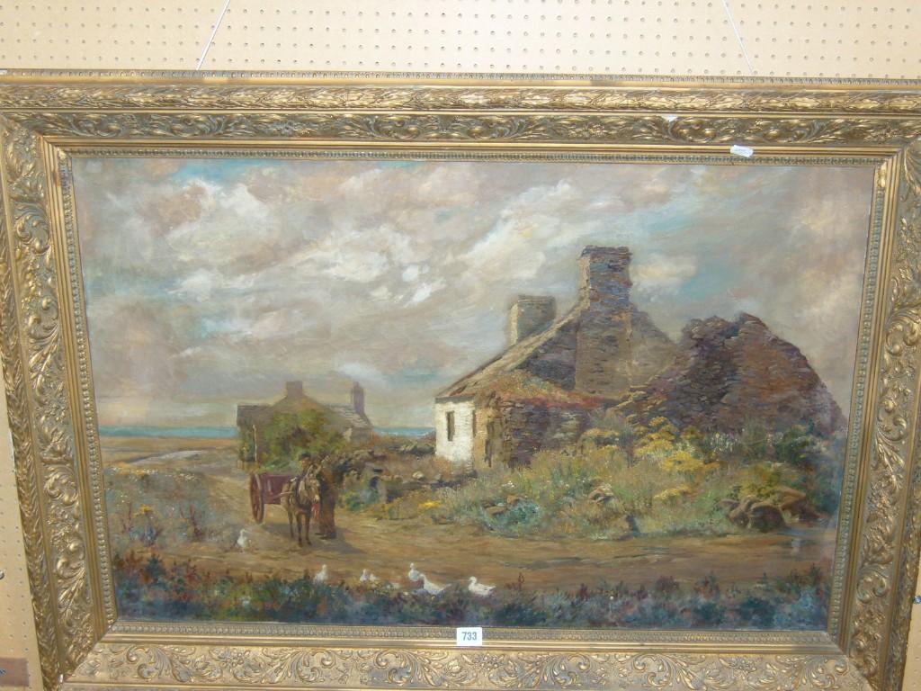 Appraisal: H Overton Jones oil on canvas showing ruined cottages with