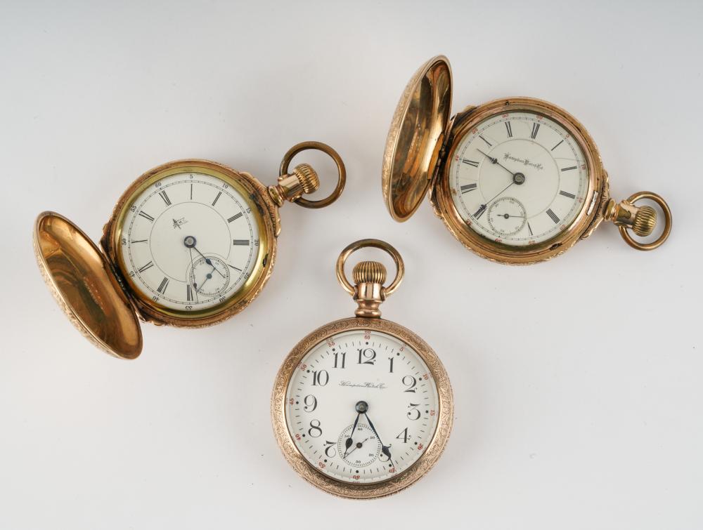 Appraisal: THREE HAMPTON WATCH CO POCKET WATCHESthe first Duber gold filled